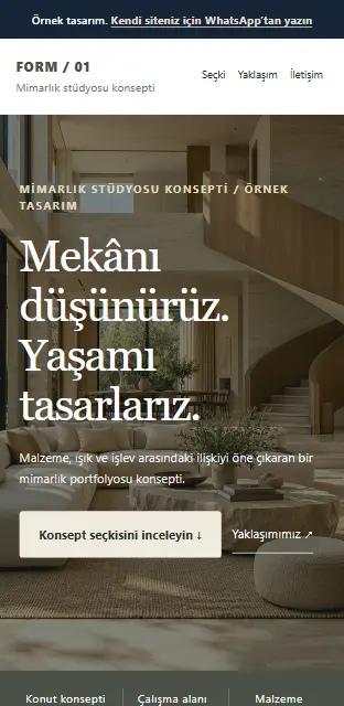 Mimarlık ofisi örnek web sitesi, telefon görünümü